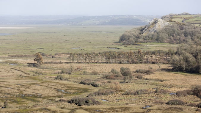A view looking east from Cwm Ivy Tor overlooking Cwm Ivy saltmarsh and Whiteford Burrows sand dunes, North Gower, Swansea.